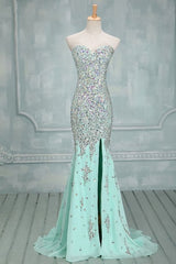 Wedding Dressing Accessories, High Quality Mermaid Rhinestones Long Sexy Sweetheart Front Split Mint Chiffon Trumpet 2024 Prom Dresses