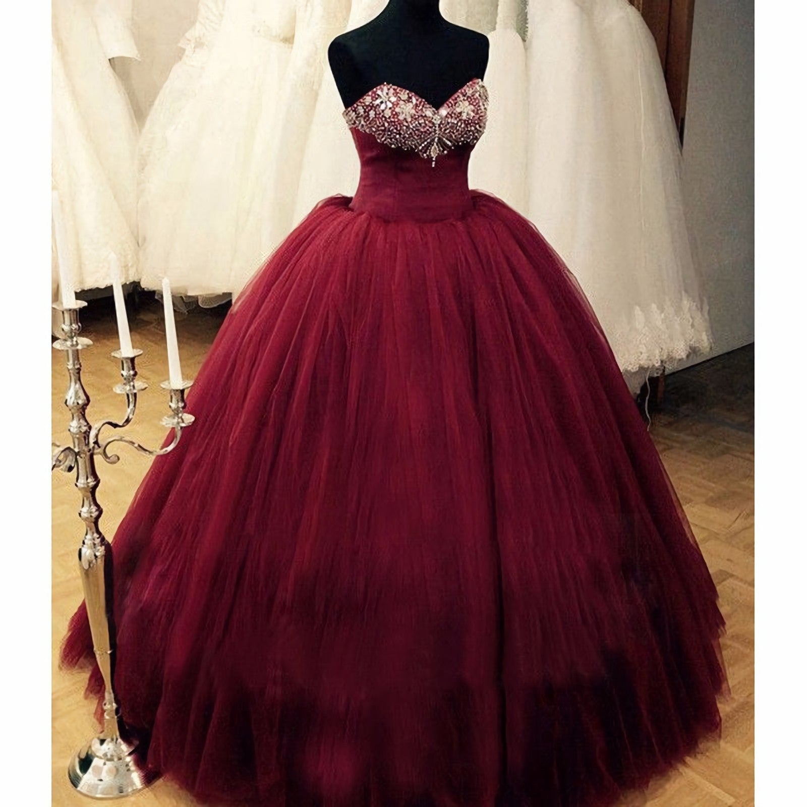 Party Dresses Mini, Puffy Burgundy Qinceanera Beaded Top Corest Lace-Up Back Floor Length Princess Vestidos De Debutante Prom Dresses