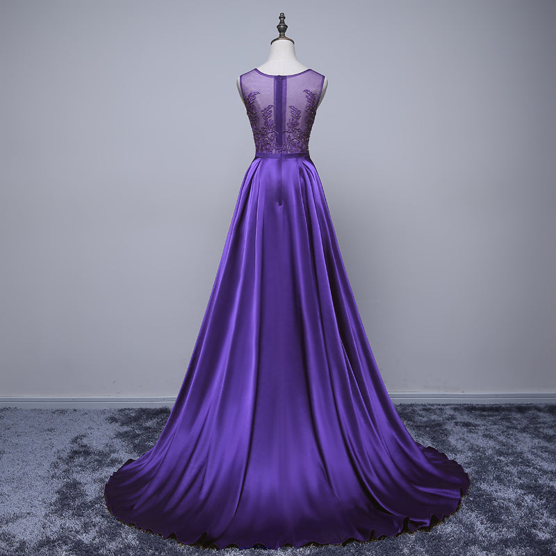 Weddings Dresses Styles, Purple Long Round Neckline Prom Dress, Satin Wedding Party Dress