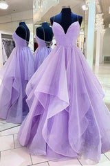 Prom Dresses For Skinny Body, Purple Tulle Long A-Line Prom Dress, Spaghetti Strap Formal Evening Dress