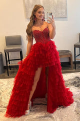 Red Beaded A-Line Tiered High Low Prom Homecoming Dress