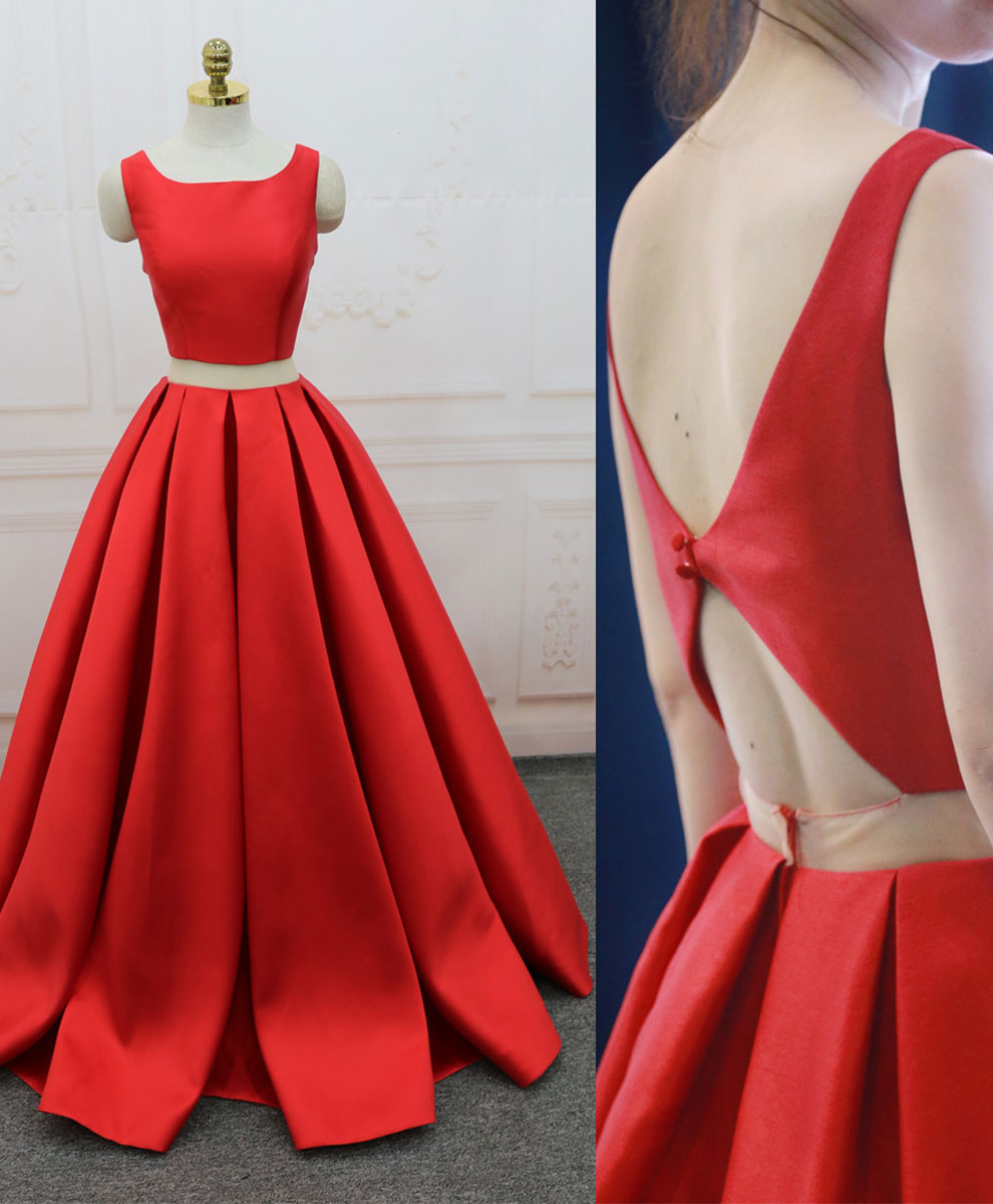 Evening Dress Red, Red Satin Two Pieces Long Prom Dress Red Long Evening Dress