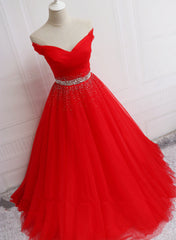 Evening Dress Red, Red Tulle Off Shoulder Long Formal Gown , Red Sweet 16 Dresses