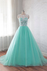 Evening Dress Dresses, Round Neck Green Lace Tulle Long Prom Dresses, Green Lace Formal Dresses, Green Evening Dresses