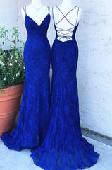 Prom Dresses Open Backs, Royal Blue Lace Sheath Prom Dresses Long Open Back