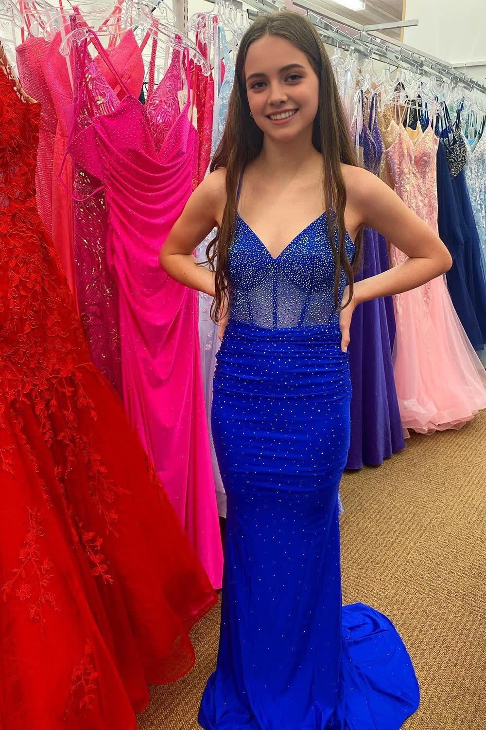 Royal Blue Lace-Up Back Beading Prom Dress