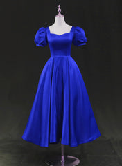 Wedding Dresses Modern, Royal Blue Satin Tea Length Wedding Party Dress, Blue Prom Homecoming Dress