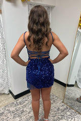 Royal Blue Sequined Tight Homecoming Dress with Fringes