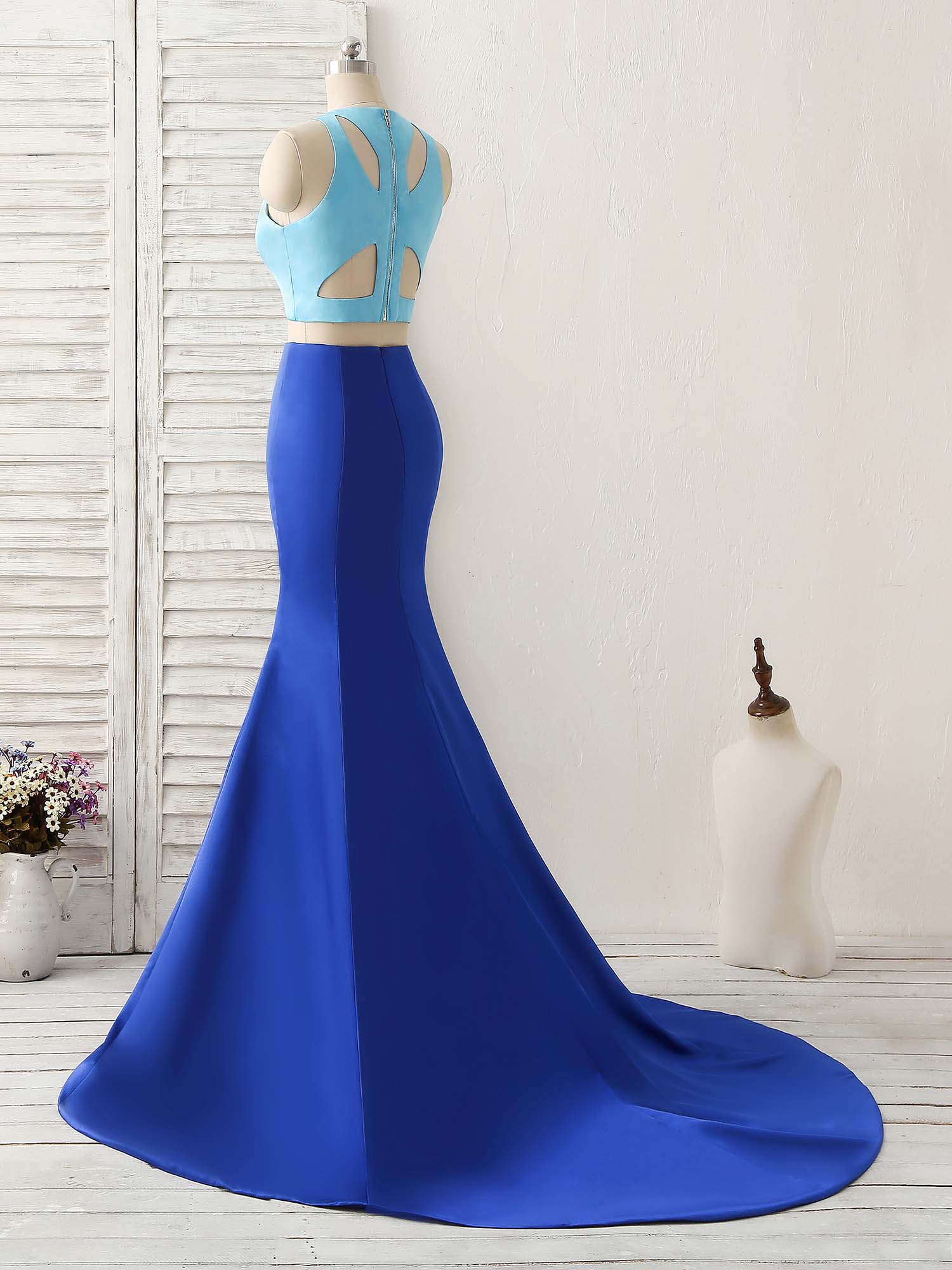 Party Dresses Cocktail, Royal Blue Two Pieces Satin Long Prom Dress, Blue Evening Dress