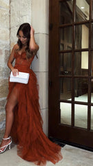 Party Dress Sparkle, Rust Red Sweetheart High Low Tiered Prom Evening Dresses Tulle Formal Dress