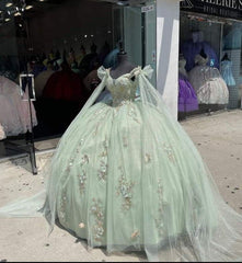 Prom Dress 3 10 Sleeves, Sage Green Tulle Quinceanera Dress,Pretty Ball Gown Sweet 16 Dresses