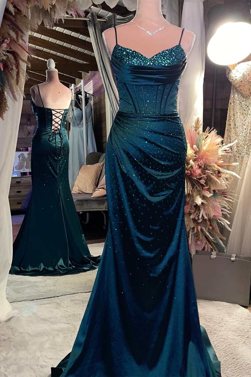 Bridesmaid Dresses Mismatching, Satin Beaded V Neck Lace-Up Back Mermaid Long Formal Dress Maxi Event Dresses