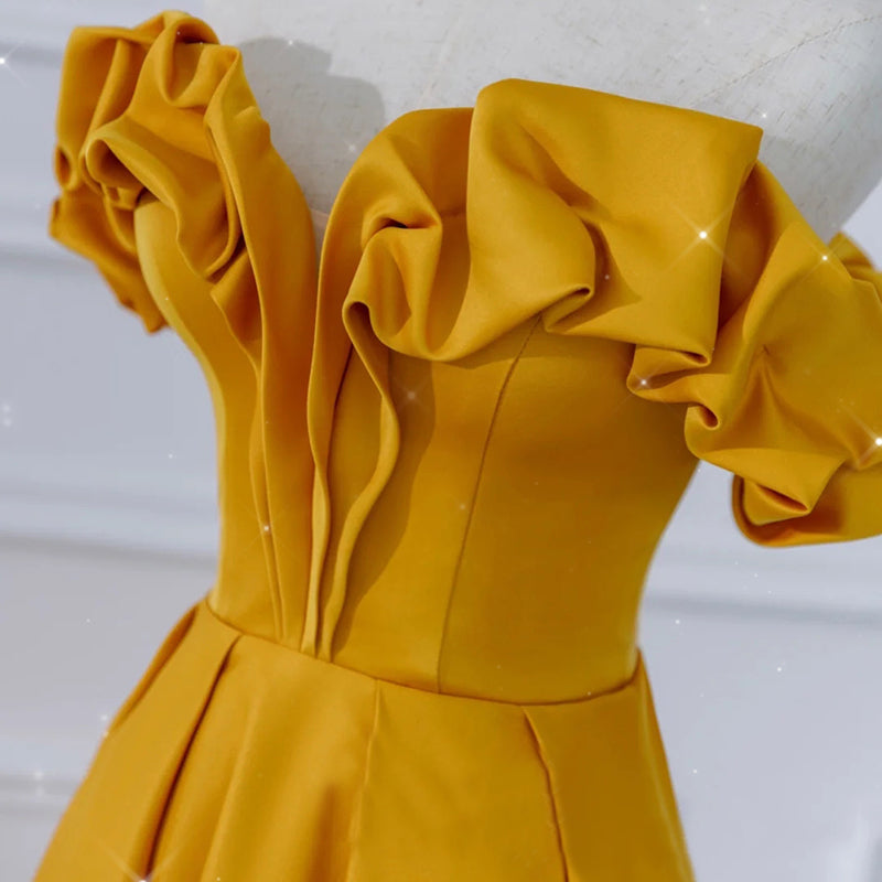 Party Dress Dress Up, Satin Dark Yellow Off Shoulder Party Dress, A-line Satin Prom Dress