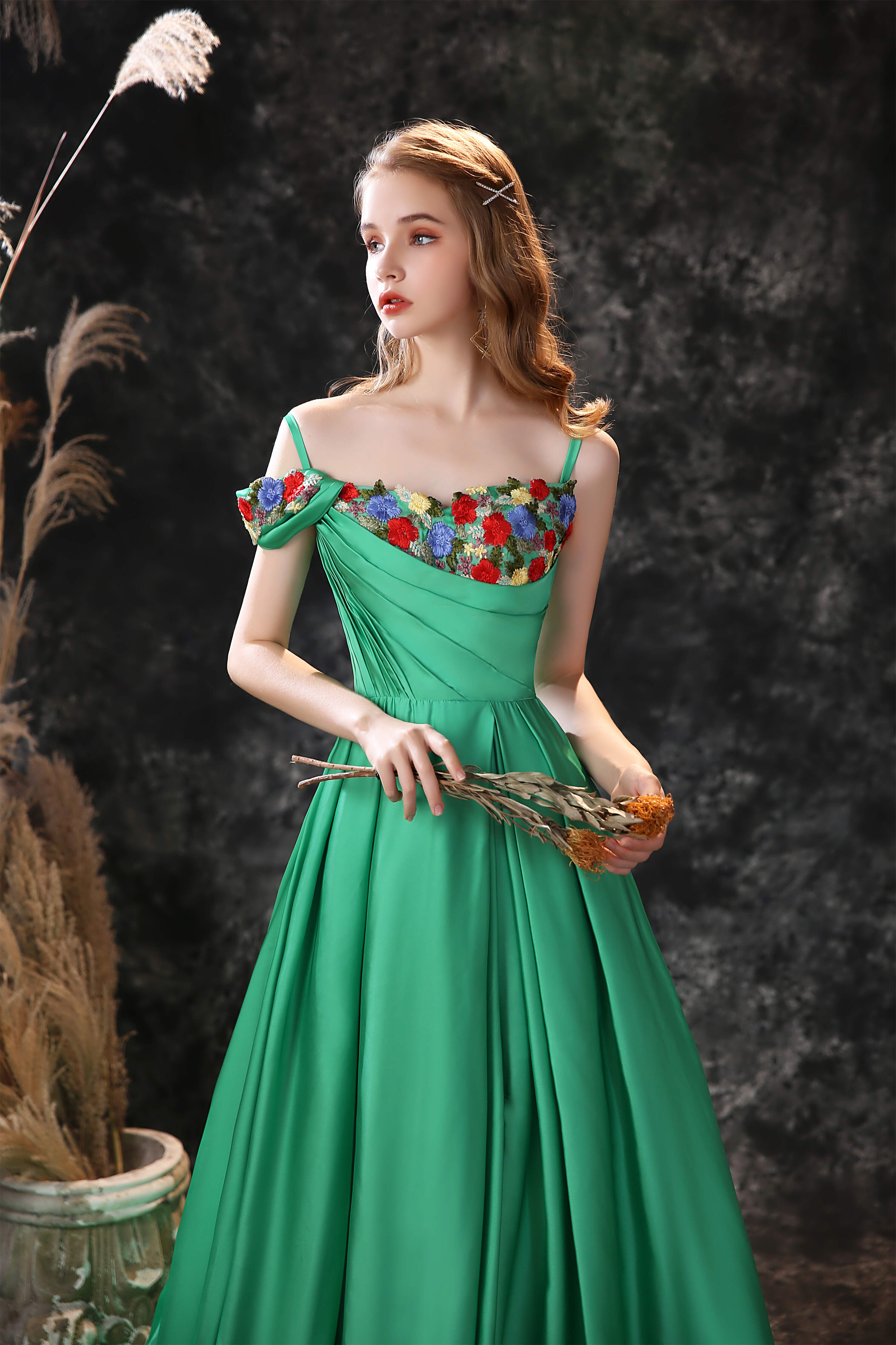 Small Wedding Ideas, Satin Floral Applique High Split A Line Court Train Prom Dresses