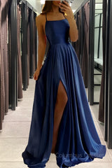 Satin Navy Blue Prom Dress Beach Maxi Women Dress, Straps Evening Cheap Bridesmaid Dresses