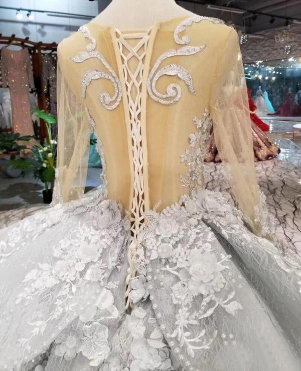 Wedding Dress A Line, Gorgeous Lace Appliques Tulle Long Sleeves Monarch Train Ball Gown Wedding Dresses