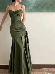 Sexy Mermaid Straps Green Party Dresses Satin Long Prom Dresses