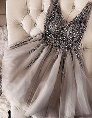 Strapless Dress, Luxurious Sequins Beaded V Neck Tulle Short V Back Gray Prom Dress, Homecoming Dress