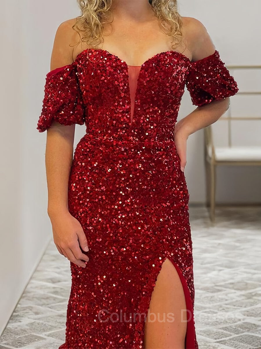 Evening Dresses Boutique, Sheath/Column Off-the-Shoulder Court Train Velvet Sequins Prom Dresses With Leg Slit