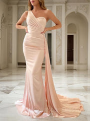 Bridesmaid Dresses Blues, Sheath/Column One-Shoulder Sweep Train Silk like Satin Prom Dresses With Ruffles