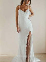 Wedding Dress With Sleeves, Sheath/Column Spaghetti Straps Sweep Train Jersey Wedding Dresses