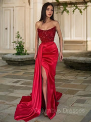 Formal Dresses Long Gowns, Sheath/Column Strapless Sweep Train Elastic Woven Satin Evening Dresses With Leg Slit