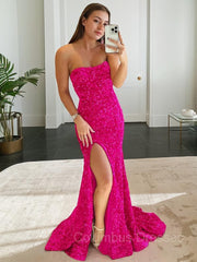 Prom Dress With Sleeve, Sheath/Column Strapless Sweep Train Evening Dresses With Leg Slit