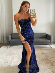 Prom Dresses Navy, Sheath/Column Strapless Sweep Train Evening Dresses With Leg Slit