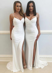 Evening Dresses Near Me, Sheath/Column Sweetheart Sleeveless Sweep Train Jersey Prom Dress With Split Pleated