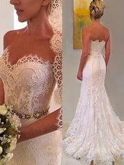 Wedding Dresses Winter, Sheath/Column Sweetheart Sweep Train Lace Wedding Dresses With Beading