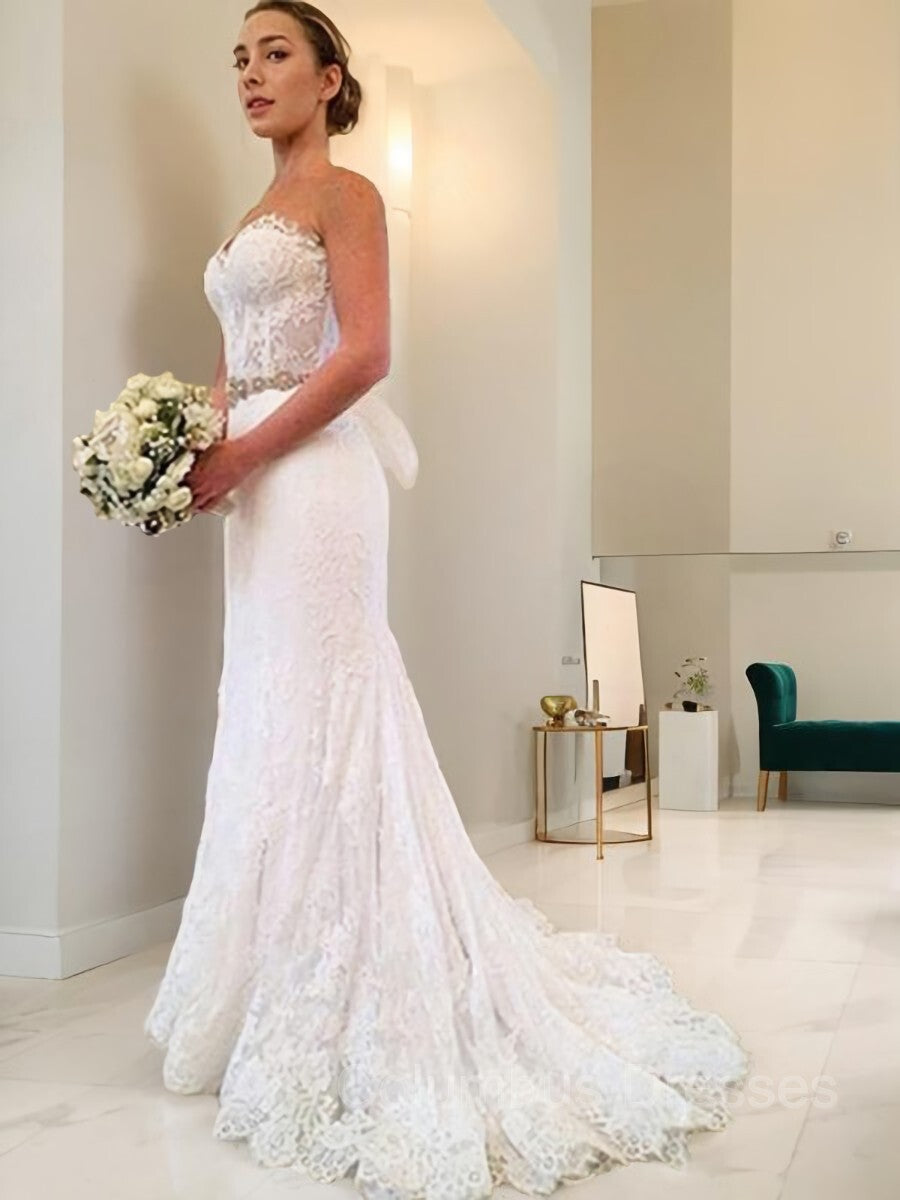 Wedding Dress Places Near Me, Sheath/Column Sweetheart Sweep Train Lace Wedding Dresses With Beading