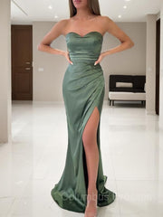 Evening Dress For Wedding, Sheath/Column Sweetheart Sweep Train Silk like Satin Prom Dresses With Leg Slit