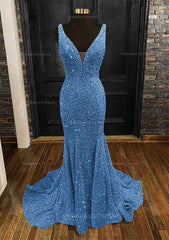 Evening Dresses Mermaid, Sheath/Column Trumpet/Mermaid V Neck Sleeveless Velvet Sequins Sweep Train Prom Dress