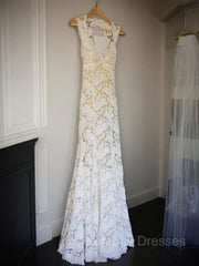 Wedding Dress With Lacing, Sheath/Column V-neck Court Train Lace Wedding Dresses With Belt/Sash