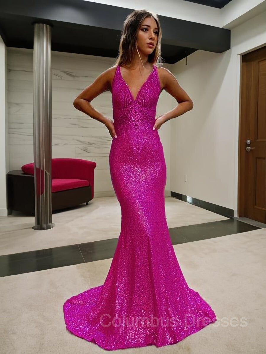 Evening Dress Boutique, Sheath/Column V-neck Court Train Sequins Prom Dresses