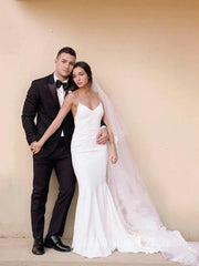 Weddings Dresses With Sleeves, Sheath/Column V-neck Court Train Stretch Crepe Wedding Dresses