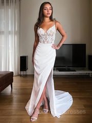 Wedding Dressed Beach, Sheath/Column V-neck Court Train Stretch Crepe Wedding Dresses With Leg Slit