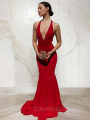 Prom Dresses Long Mermaide, Sheath/Column V-neck Sweep Train Jersey Prom Dresses With Ruffles