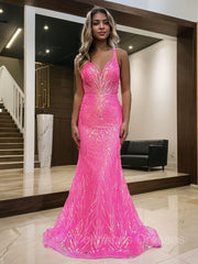 Prom Dresses Princess, Sheath/Column V-neck Sweep Train Prom Dresses