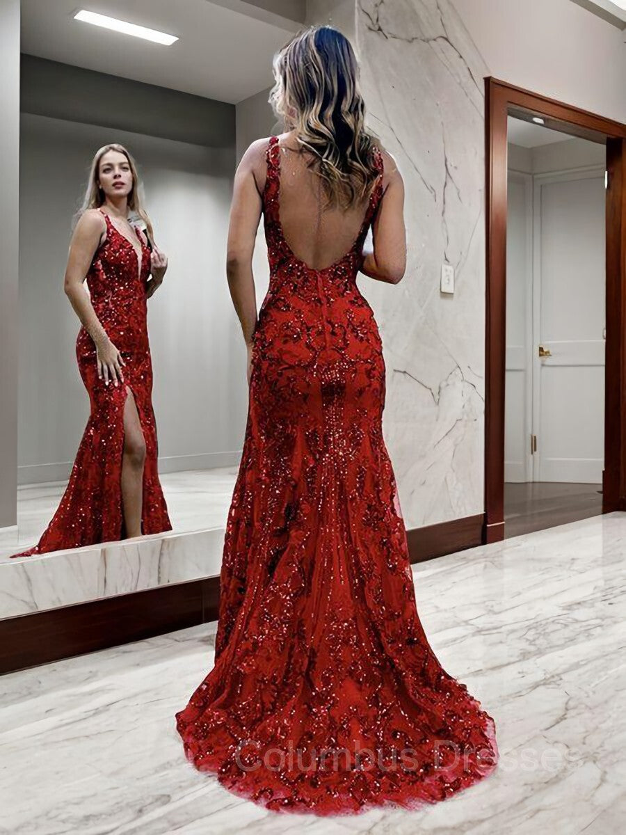 Prom Dress Ball Gown, Sheath/Column V-neck Sweep Train Prom Dresses With Leg Slit