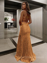 Evening Dresses Red, Sheath/Column V-neck Sweep Train Prom Dresses With Leg Slit