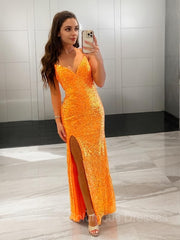 Prom Dresses Store, Sheath/Column V-neck Sweep Train Sequins Prom Dresses With Leg Slit