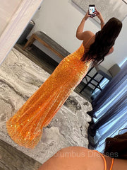 Prom Dresse Long, Sheath/Column V-neck Sweep Train Sequins Prom Dresses With Leg Slit