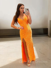 Prom Dressed Long, Sheath/Column V-neck Sweep Train Sequins Prom Dresses With Leg Slit