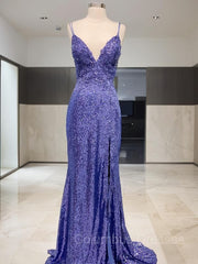 Bridesmaid Dresses Winter, Sheath/Column V-neck Sweep Train Sequins Prom Dresses With Leg Slit