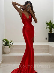 Bridesmaid Dress 2059, Sheath/Column V-neck Sweep Train Silk like Satin Prom Dresses With Leg Slit