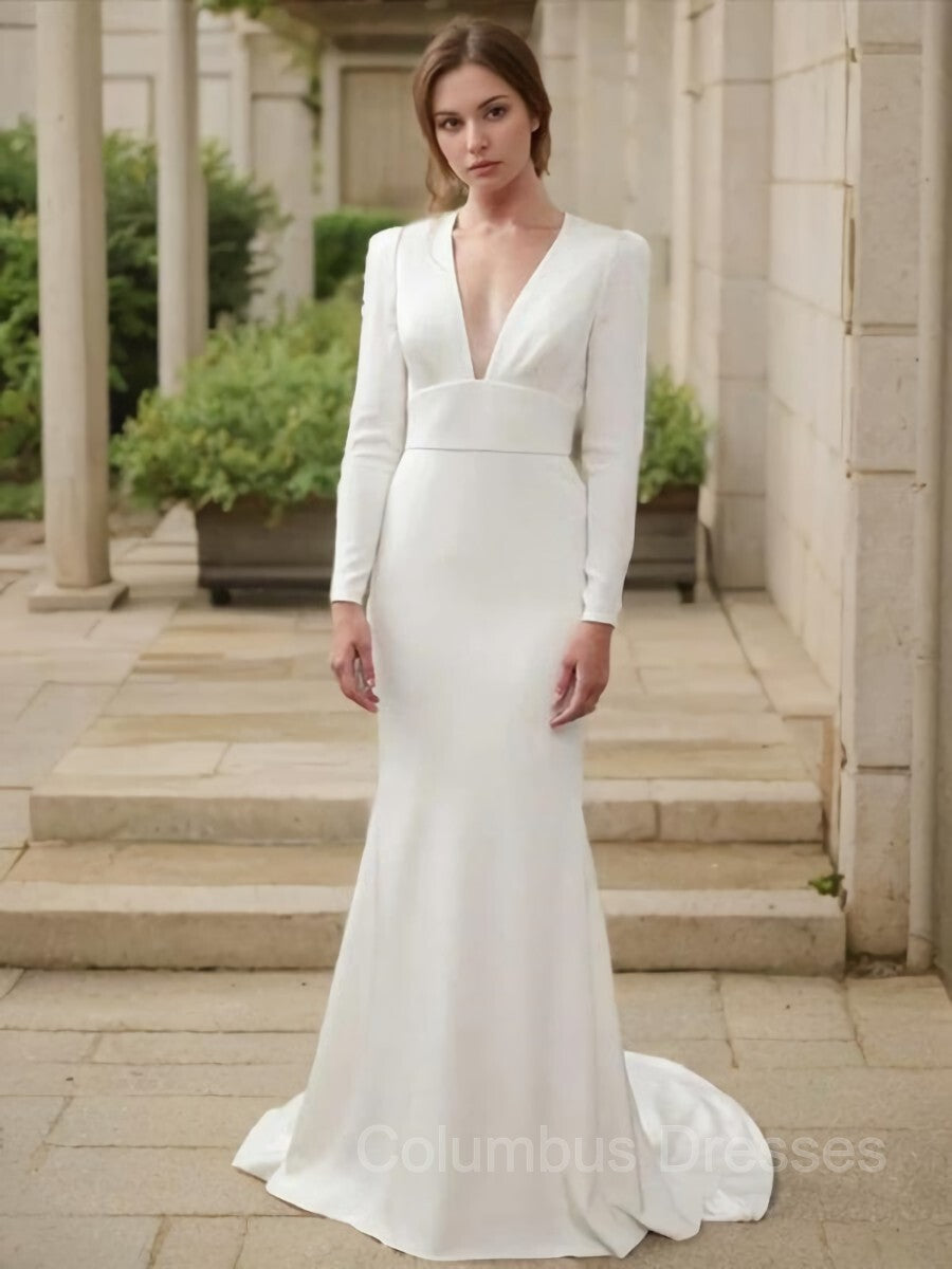 Wedding Dresses Wedding Dresses, Sheath/Column V-neck Sweep Train Stretch Crepe Wedding Dresses