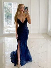 Prom Dress Inspirational, Sheath/Column V-neck Sweep Train Tulle Prom Dresses With Leg Slit