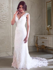 Wedding Dressed For The Beach, Sheath/Column V-neck Court Train Tulle Wedding Dresses