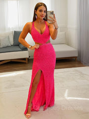 Prom Dress Pieces, Sheath/Column V-neck Sweep Train Velvet Sequins Evening Dresses With Leg Slit